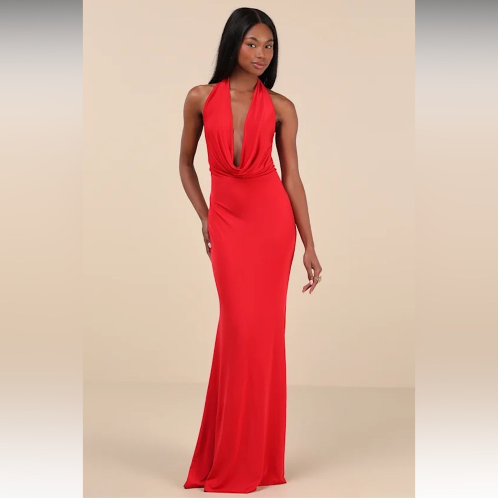 Lulu's Red Halter Long Sleeve Evening Gown
